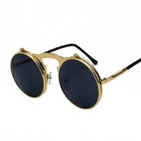 Fashion Vintage Steampunk Sunglasses Retro Round Metal Sun Glasses for Men and Womes (Frame Color: Black, Lenses Color: GoldBlackGrey)