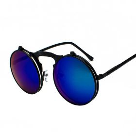 Fashion Vintage Steampunk Sunglasses Retro Round Metal Sun Glasses for Men and Womes (Frame Color: Black, Lenses Color: BlackBlueGreen)